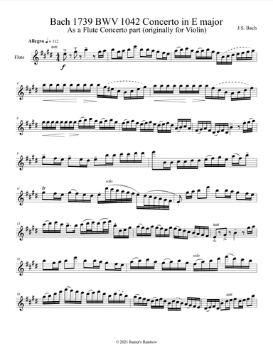 Bach 1739 BWV 1042 Concerto For Solo Unaccompanied Flute Key of E (arr. Rainer Grant Roth)