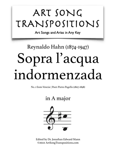 HAHN: Sopra l'acqua indormenzada (transposed to A major) (arr. ArtSongTranspositions.com)