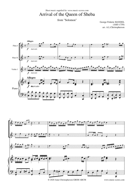 Arrival of the Queen of Sheba - 2 Flutes, Violin and Piano (arr. Anne L Christopherson GRSM ARCM)