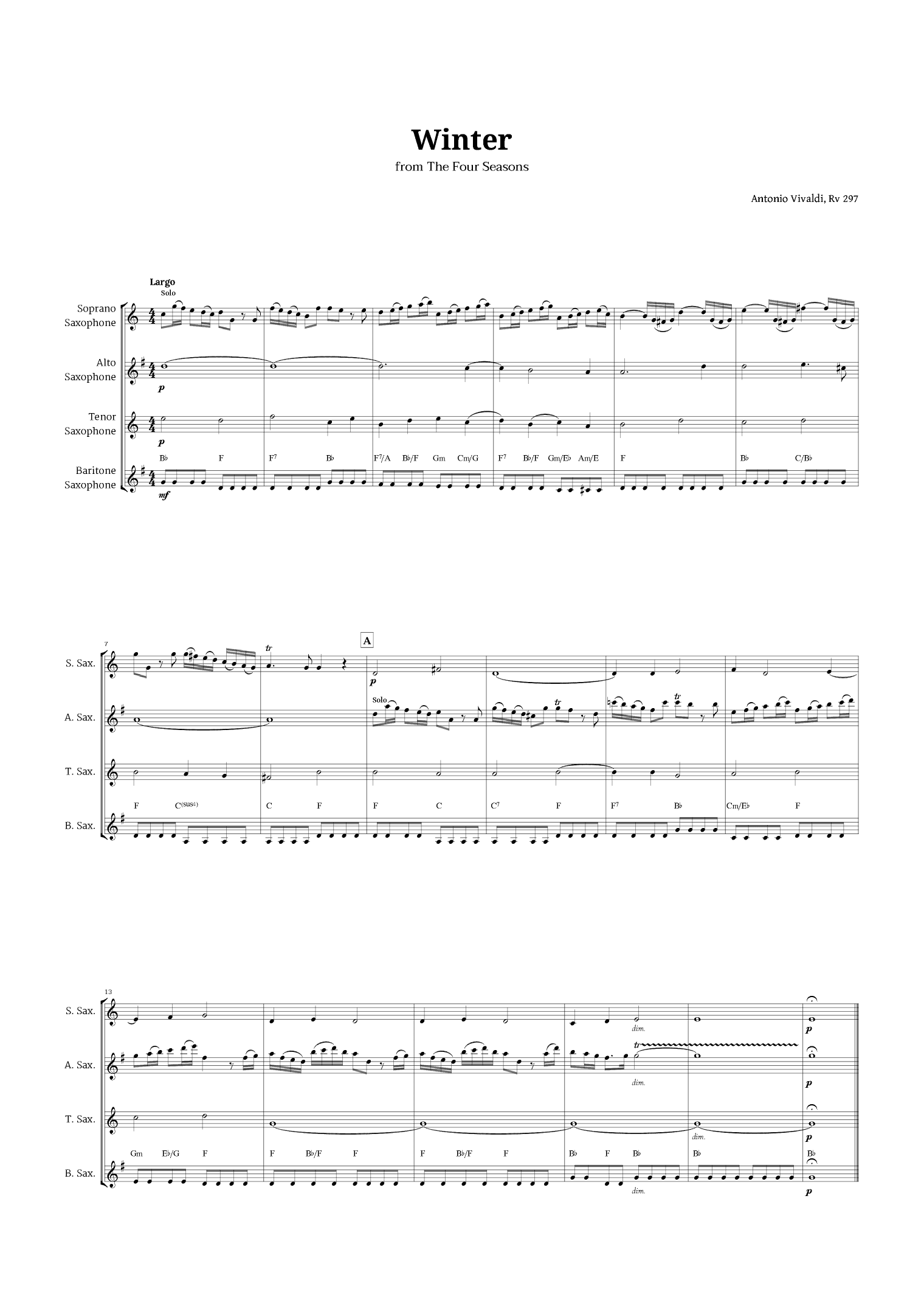 Largo from Winter by Vivaldi for Sax Quartet with Chords (arr. Langanho)