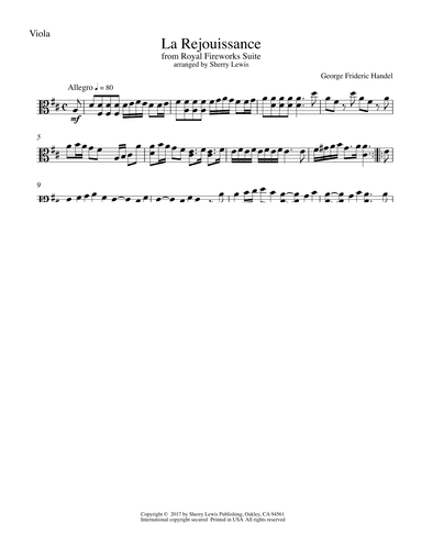 LA REJOUISSANCE from Royal Fireworks for Viola Solo (arr. Sherry Lewis)