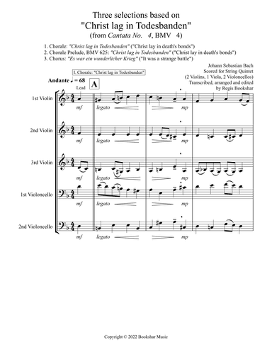 Three selections based on "Christ lag in Todesbanden" (String Quintet - 3 Violin, 2 Cello) (arr. Regis Bookshar)