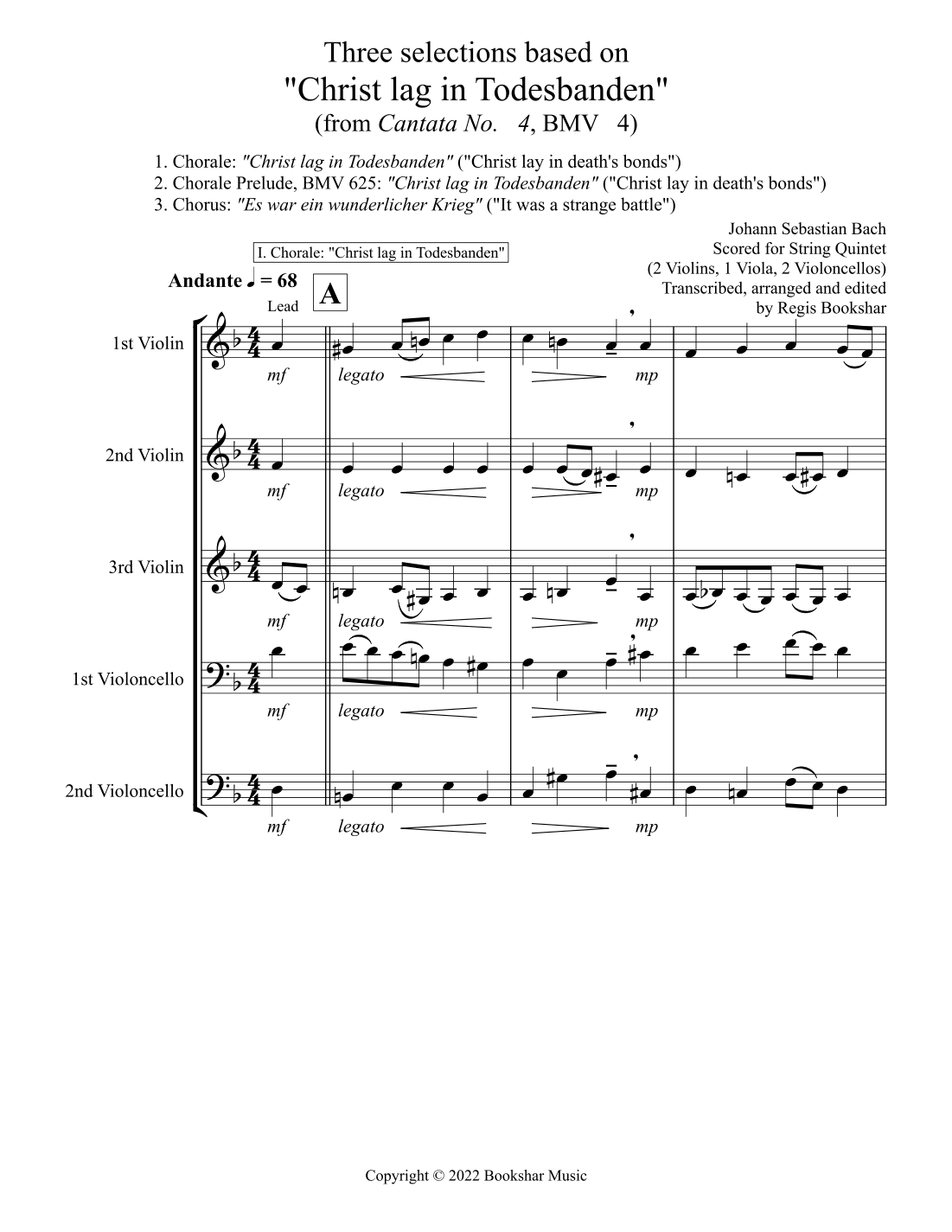 Three selections based on "Christ lag in Todesbanden" (String Quintet - 3 Violin, 2 Cello) (arr. Regis Bookshar)