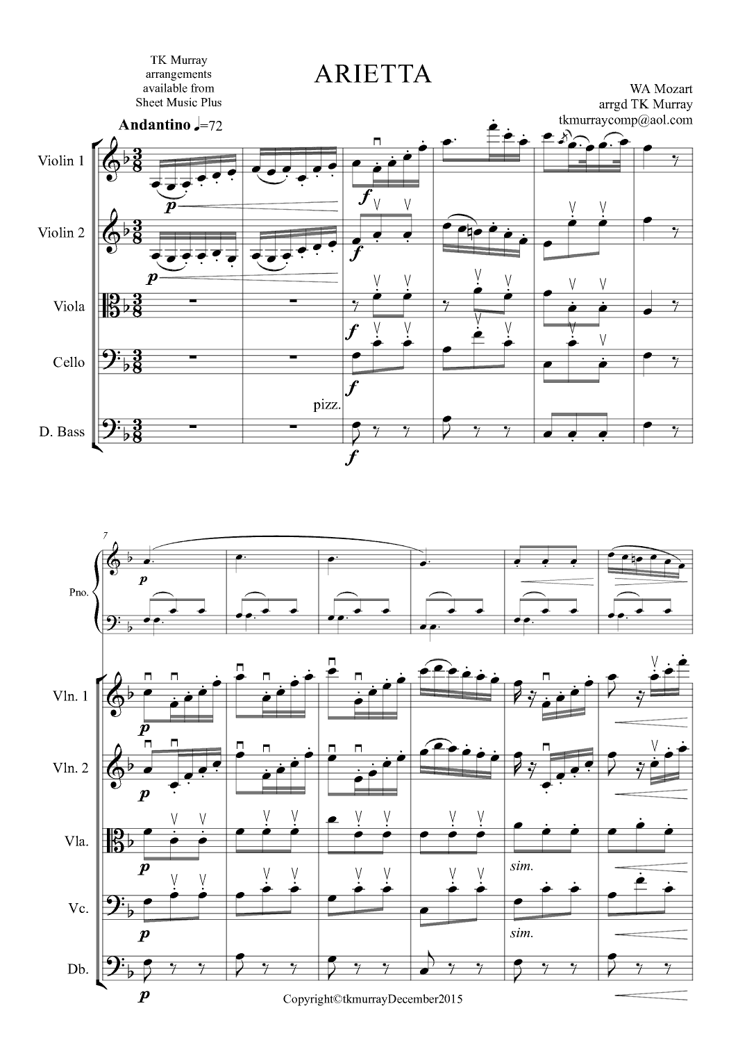 Mozart - Arietta - Pinao & String Quartet/String Orch