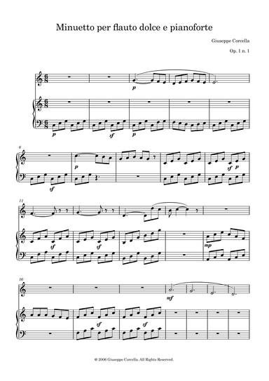 Minuetto per flauto dolce e pianoforte Op. 1 No. 1