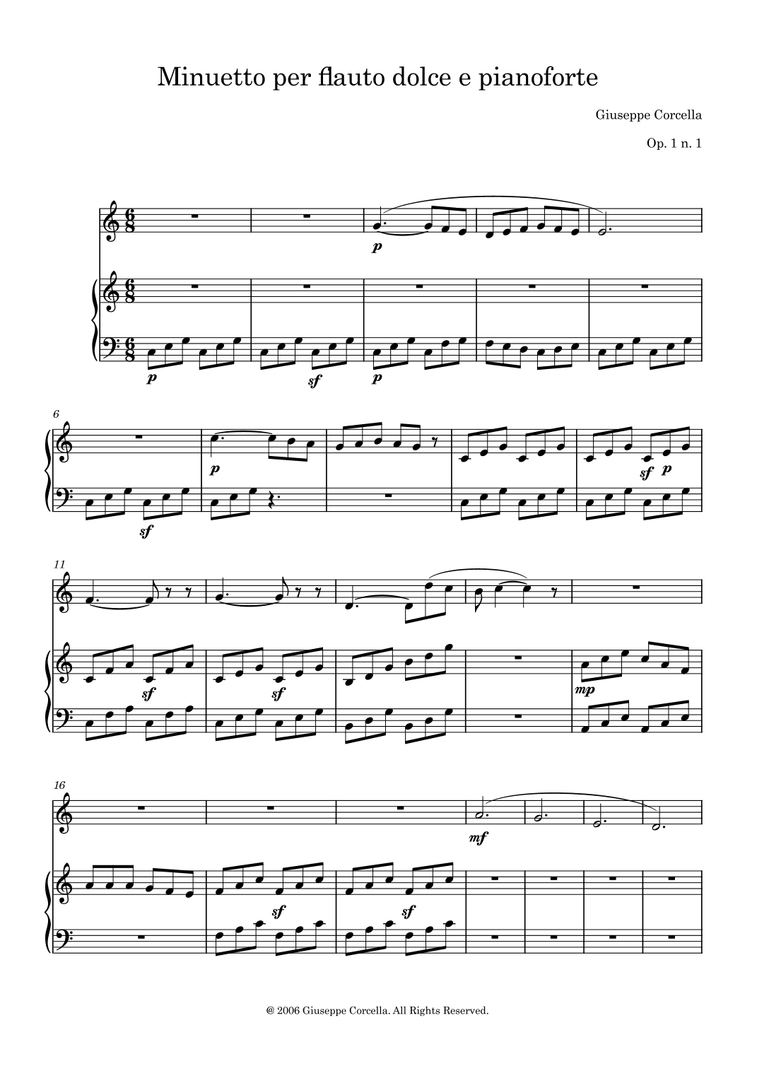 Minuetto per flauto dolce e pianoforte Op. 1 No. 1