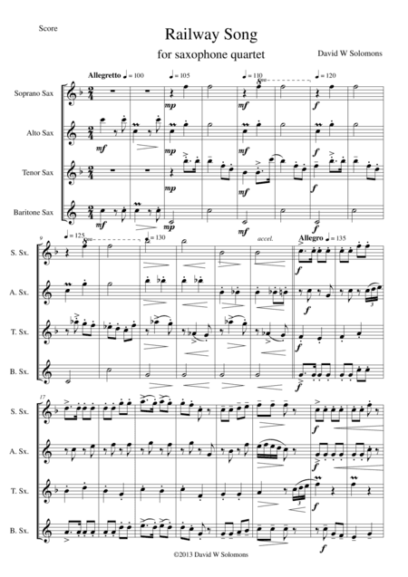 Railway Song (Auf de schwäb'sche Eisebahne) for saxophone quartet (arr. David Warin Solomons)