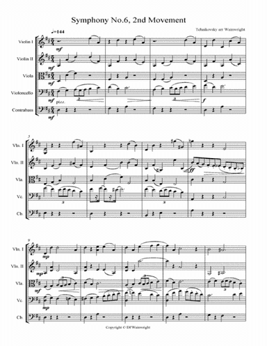 Tchaikovsky 6th Symphony 2nd movement arranged for string quartet with optional bass, score & parts (arr. David F Wainwright)