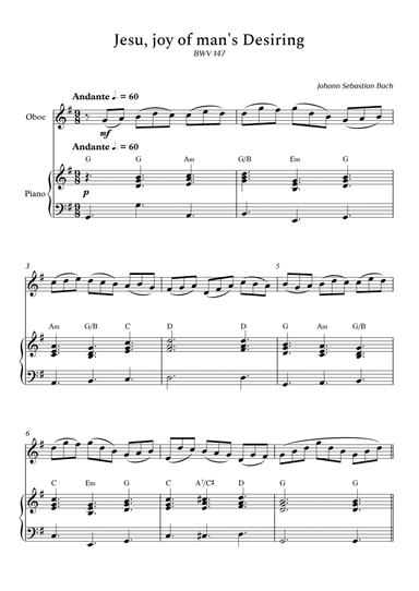 Jesu, joy of man's Desiring for Oboe and Piano (With Chords) - Score and Parts (arr. Cássio Silva Chaves)