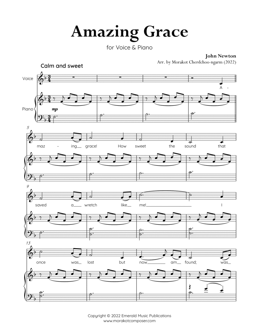 Amazing Grace for Voice & Piano (F Major) Medium Voice (arr. Morakot Cherdchoo-ngarm)