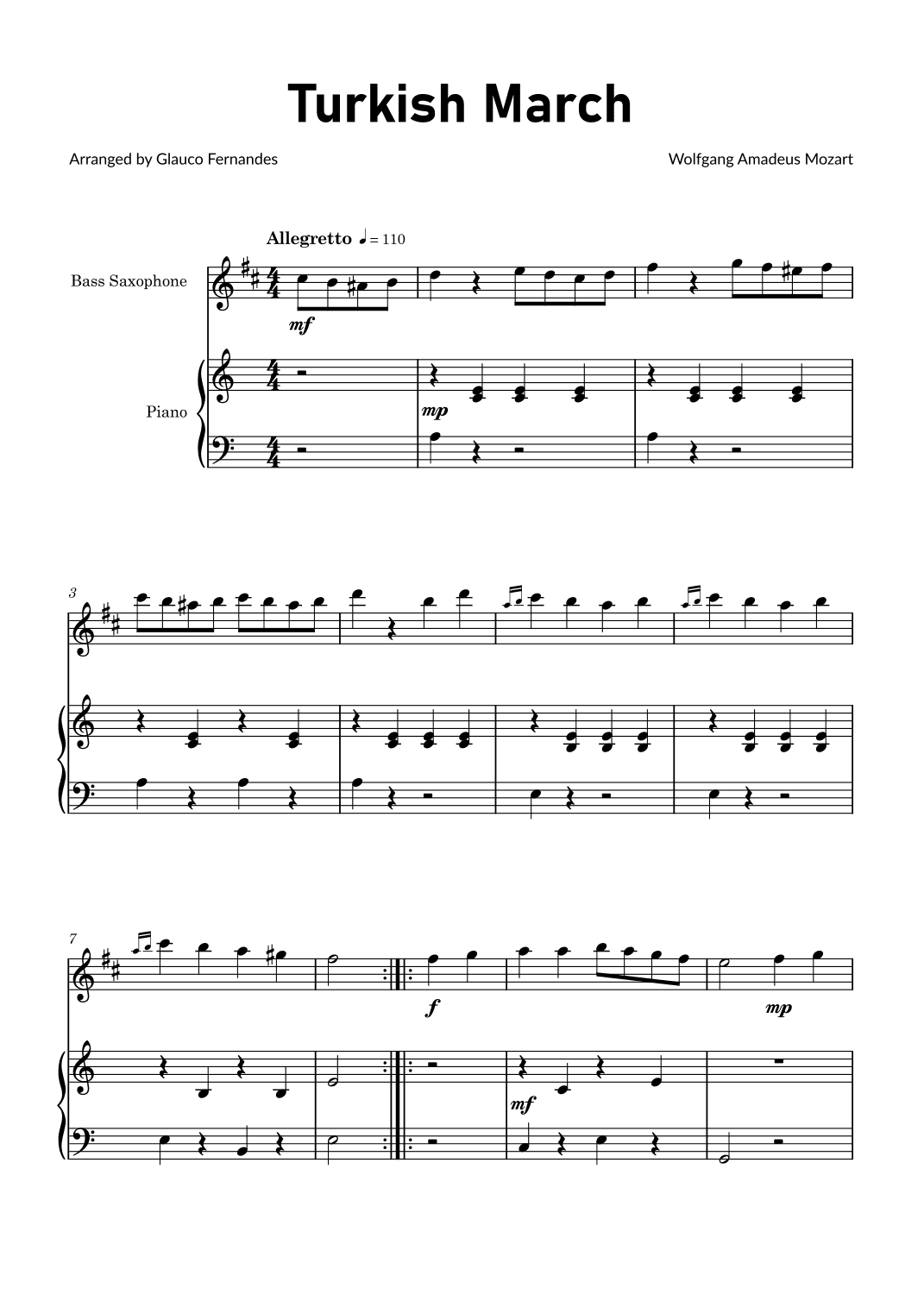 Turkish March by Mozart - Bass Saxophone and Piano (arr. Glauco Fernandes)