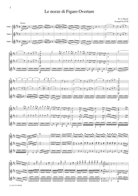 Mozart Overture to The Marriage of Figaro, for 3 Violins, VN305 (arr. FCMUSIC)
