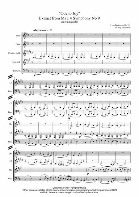 Beethoven: Symphony No.9 (Choral Symphony) Op.125 (Extract from Mvt.IV) "Ode to Joy" - wind quintet (arr. Ray Thompson)