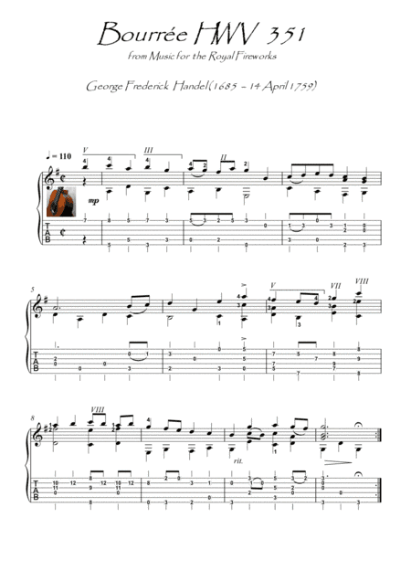 Bourree  HWV 351 by Handel guitar solo (arr. PianoSheetNow)