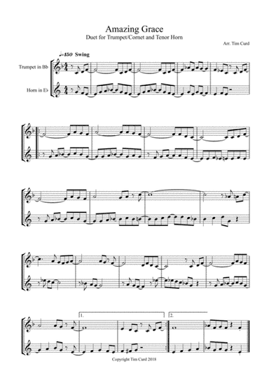 Amazing Grace. Duet for Trumpet/Cornet and Tenor Horn (arr. Tim Curd.)