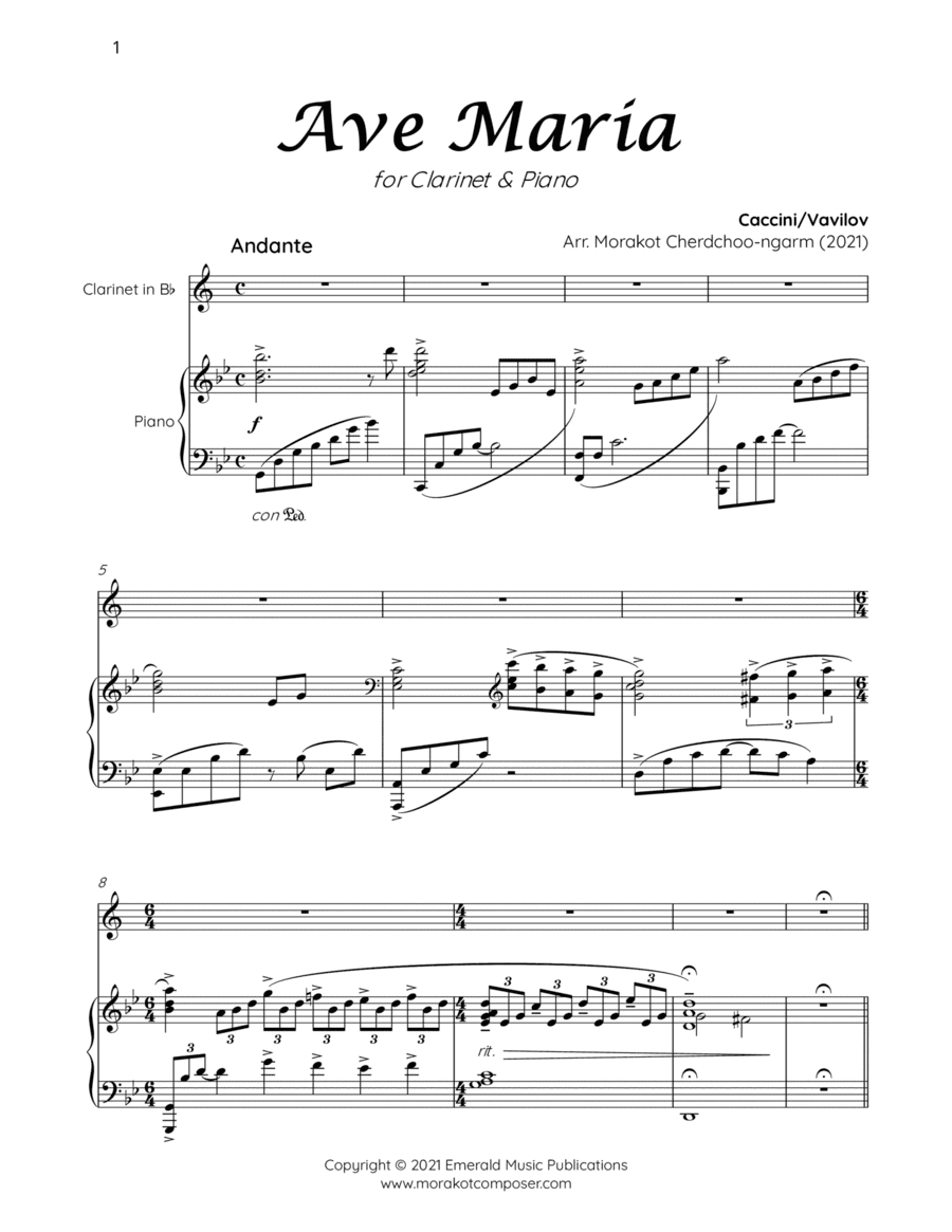 7 Ave Maria Collections for Clarinet & Piano (arr. Morakot Cherdchoo-ngarm)