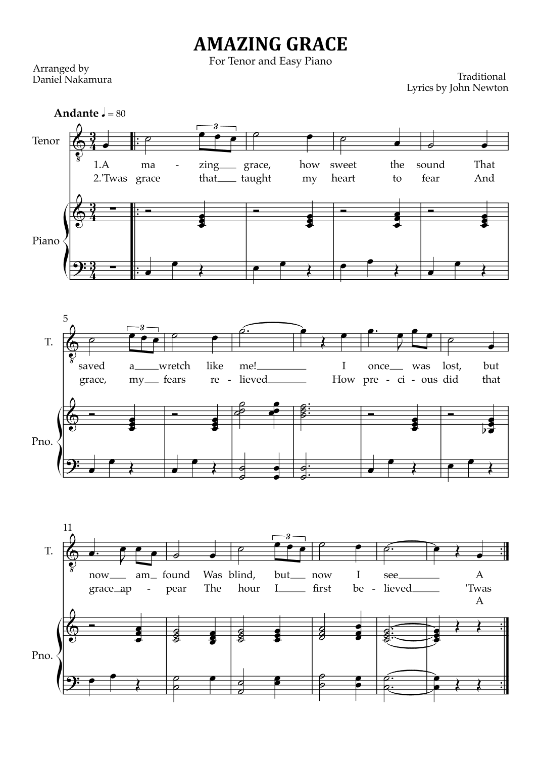 Amazing Grace (for tenor vocal with easy piano) (arr. Daniel Nakamura)