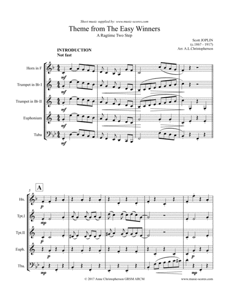 The Easy Winners Theme - 2 Trumpets, French horn, Euphonium and Tuba (arr. Anne Christopherson GRSM ARCM)
