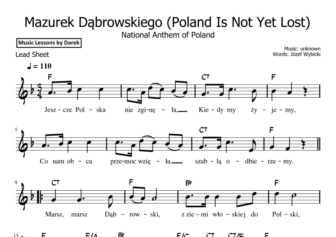 Mazurek Dabrowskiego (National Anthem of Poland) [LEAD SHEET] (arr. Darek)