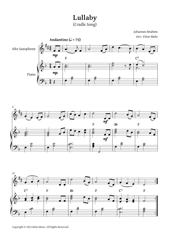 Brahms Lullaby -  Alto Sax and Piano (arr. Vitor Melo)