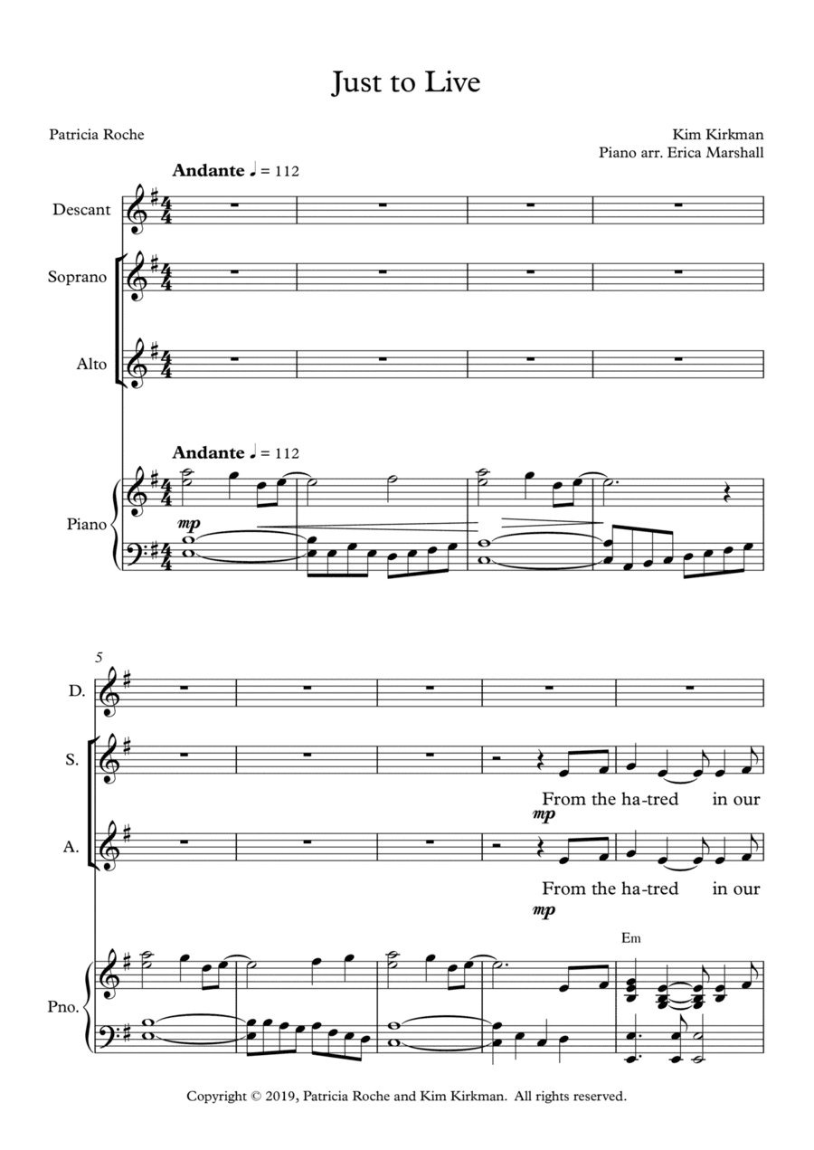 Just to Live - two part choir and descant and piano about refugees