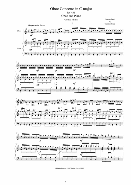 Vivaldi - Oboe Concerto in C major RV 451 for Oboe and Piano (arr. Santino Cara)
