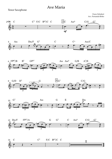 Ave Maria (Franz Schubert) for Tenor Saxophone Solo with Chords (arr. Fernando Britto)