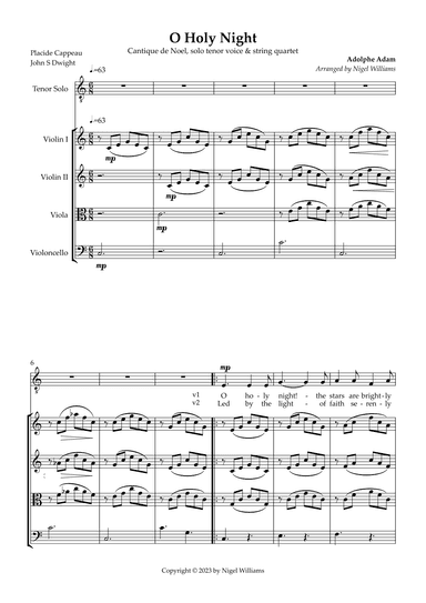 O Holy Night, for tenor solo and string quartet. (arr. Nigel Williams)