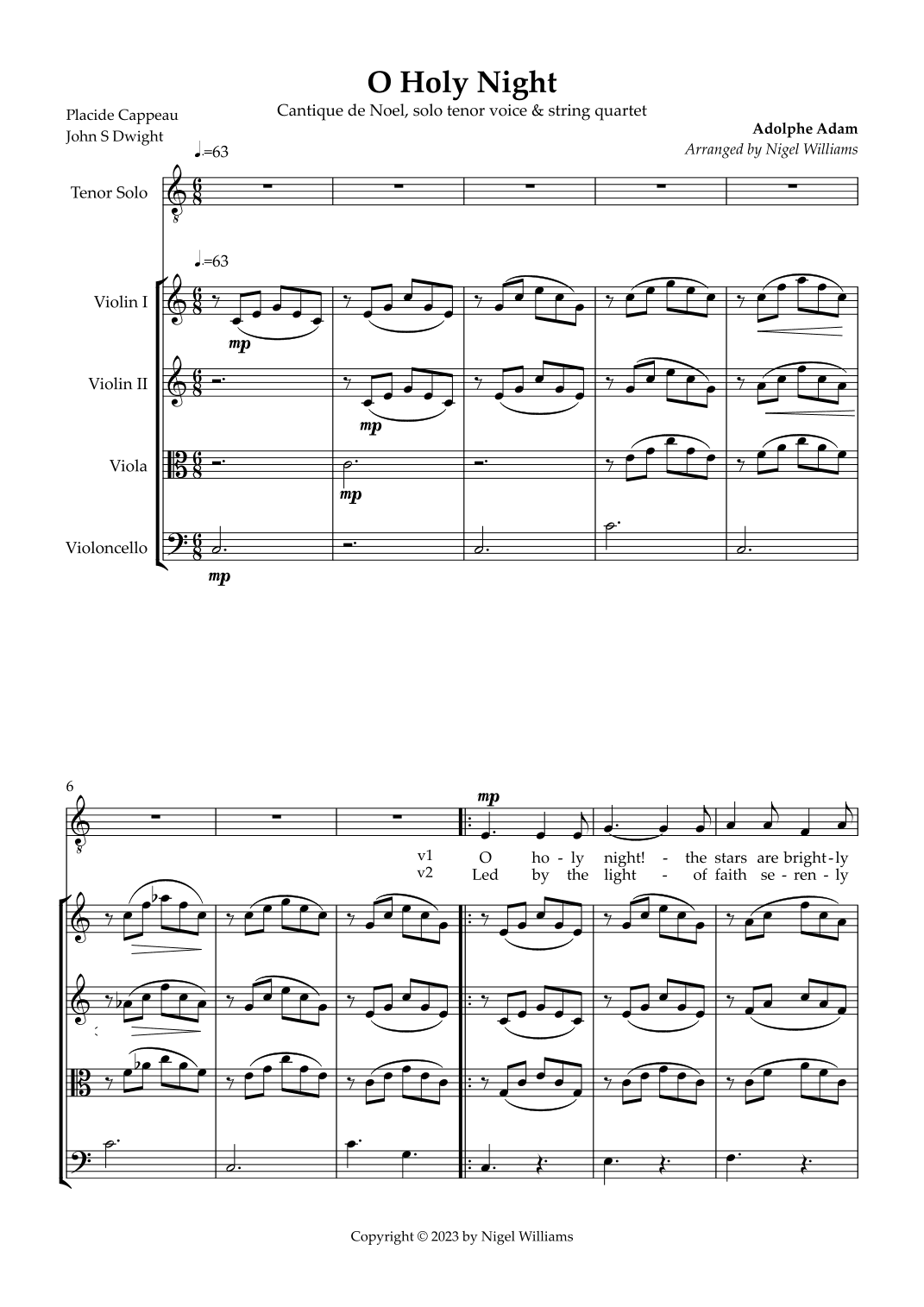 O Holy Night, for tenor solo and string quartet. (arr. Nigel Williams)