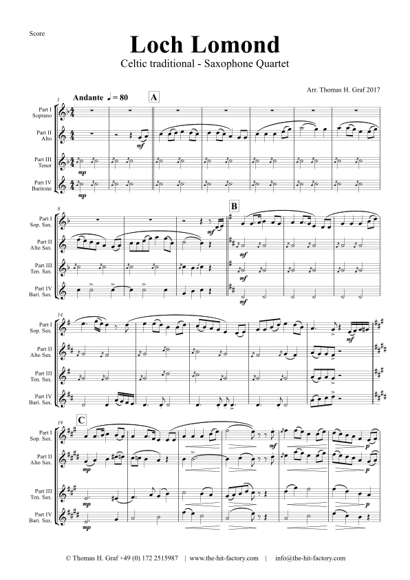 Loch Lomond - Celtic Traditional - Saxophone Quartet (arr. Thomas H. Graf)