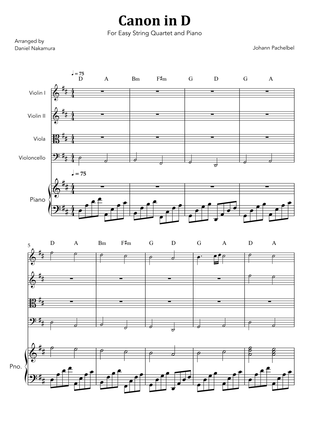Canon In D (for String Quartet with Piano) (arr. Daniel Nakamura)