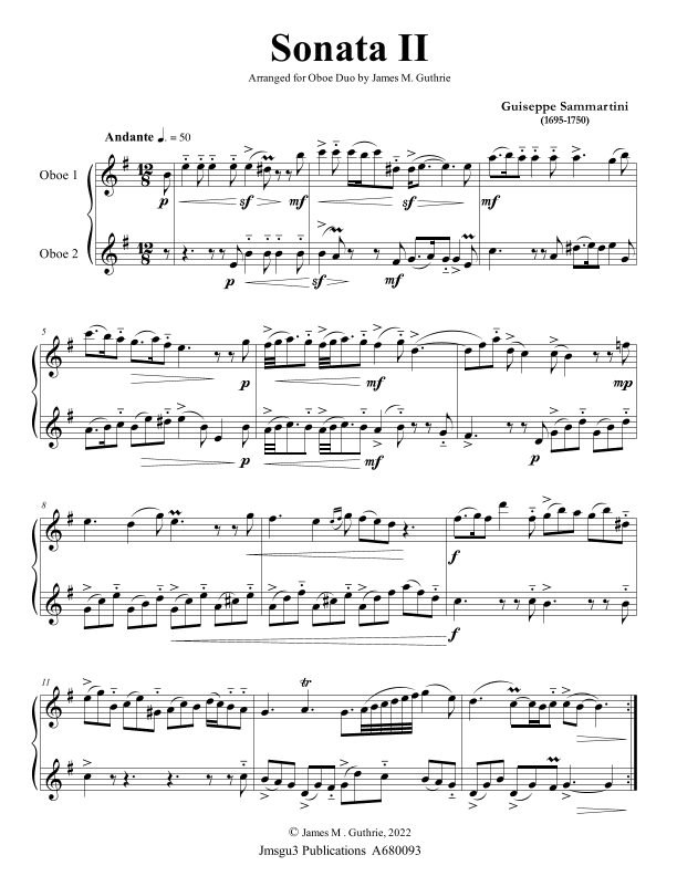Sammartini: Sonata Op.1 No.2 for Oboe Duo (arr. James M. Guthrie)