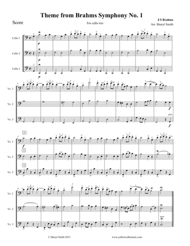 Theme from Brahms Symphony No.1 for advanced beginner cello trio (three cellos) (arr. Yellow Cello Music)