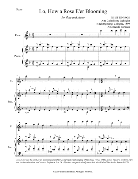 Lo, How a Rose E'er Blooming (flute/piano), arr. Brenda Portman (arr. Brenda Portman)