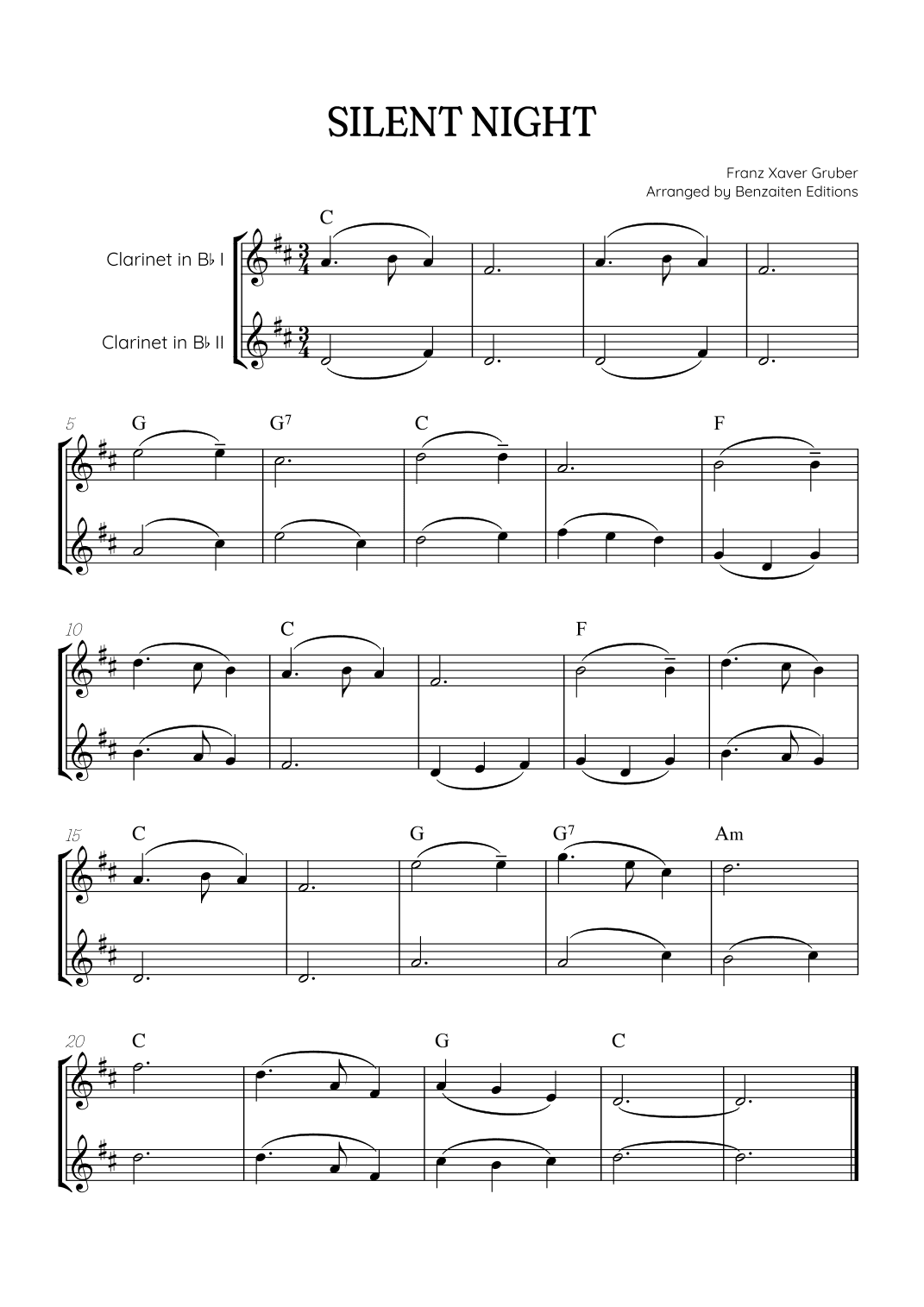 Silent Night for clarinet in Bb duet • easy Christmas song sheet music (w/ chords) (arr. Benzaiten Editions)