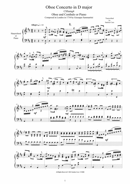 Sammartini - Concerto in D major CSSamg4 for Oboe and Cembalo or Piano (arr. Santino Cara)