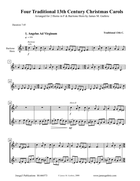 Four Traditional 13th Century Christmas Carols for 2 Horns & Baritone Horn (arr. James M. Guthrie, ASCAP)