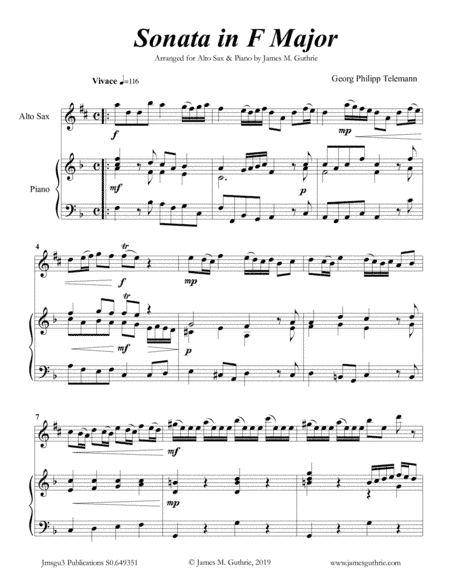 Telemann: Sonata in F Major for Alto Sax & Piano (arr. James M. Guthrie, ASCAP)