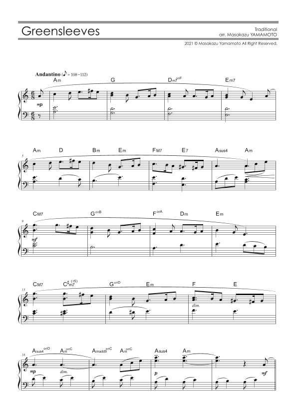 Greensleeves [Piano solo / beginner level] (arr. Masakazu YAMAMOTO)