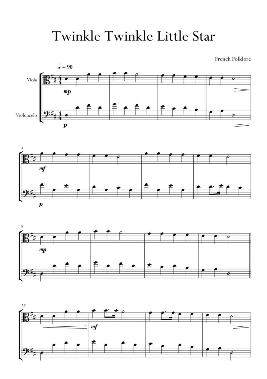 Twinkle Twinkle Little Star in D Major for Viola and Cello Duo. Easy version. (arr. Matheus Araújo)