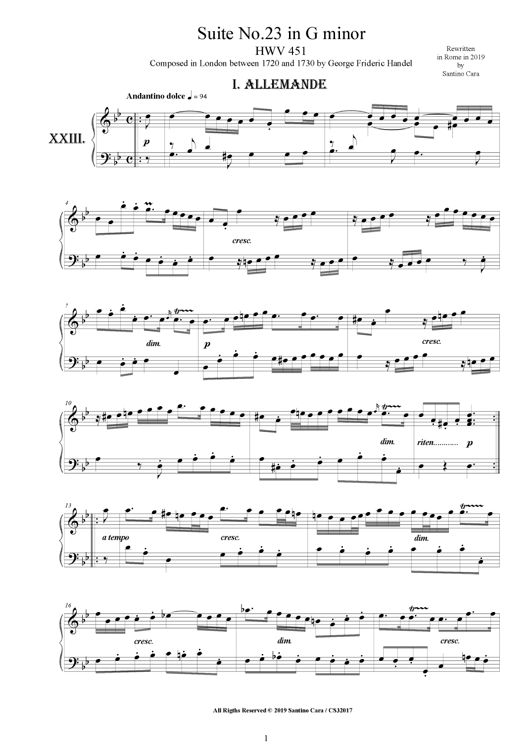 Handel - Piano Suite No.23 in G minor HWV 451 (arr. Santino Cara)