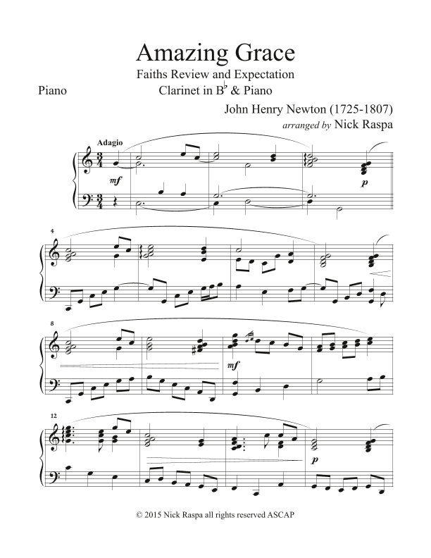 Amazing Grace (piano and clarinet in B Flat) - Piano part (arr. Nick Raspa)