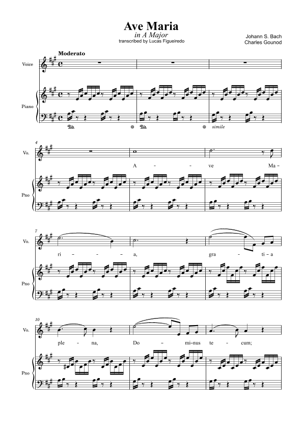 Ave Maria (Bach-Gounod) in A Major for Piano and Voice (arr. Lucas Figueiredo)