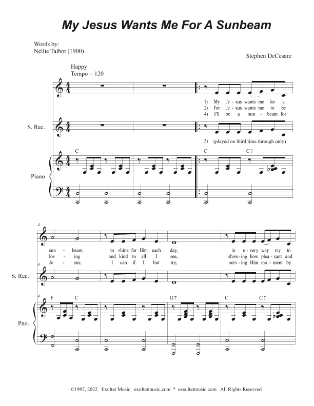 My Jesus Wants Me For A Sunbeam (Unison choir)