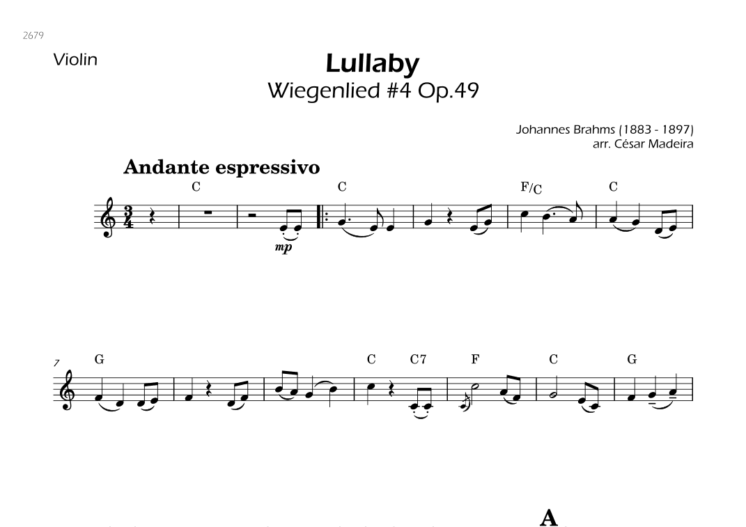 Brahms' Lullaby - Violin Solo - W/Chords (arr. César Madeira)