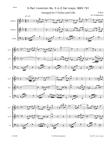 Bach: 3-Part Invention No. 5 in E flat major, BWV 791, arr. for 2 Violins and Cello (arr. D Oppenheim)