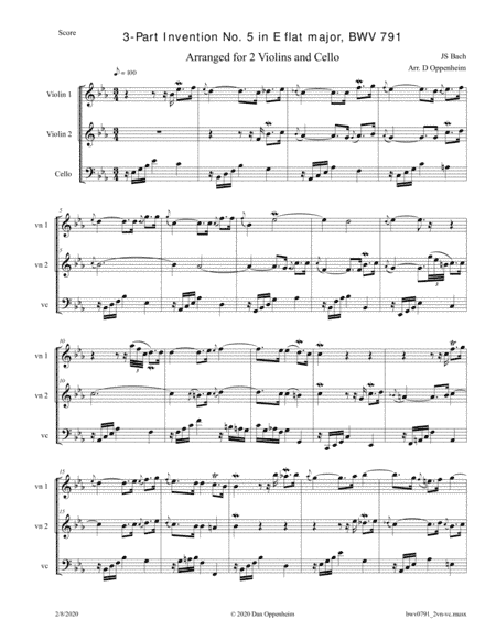 Bach: 3-Part Invention No. 5 in E flat major, BWV 791, arr. for 2 Violins and Cello (arr. D Oppenheim)