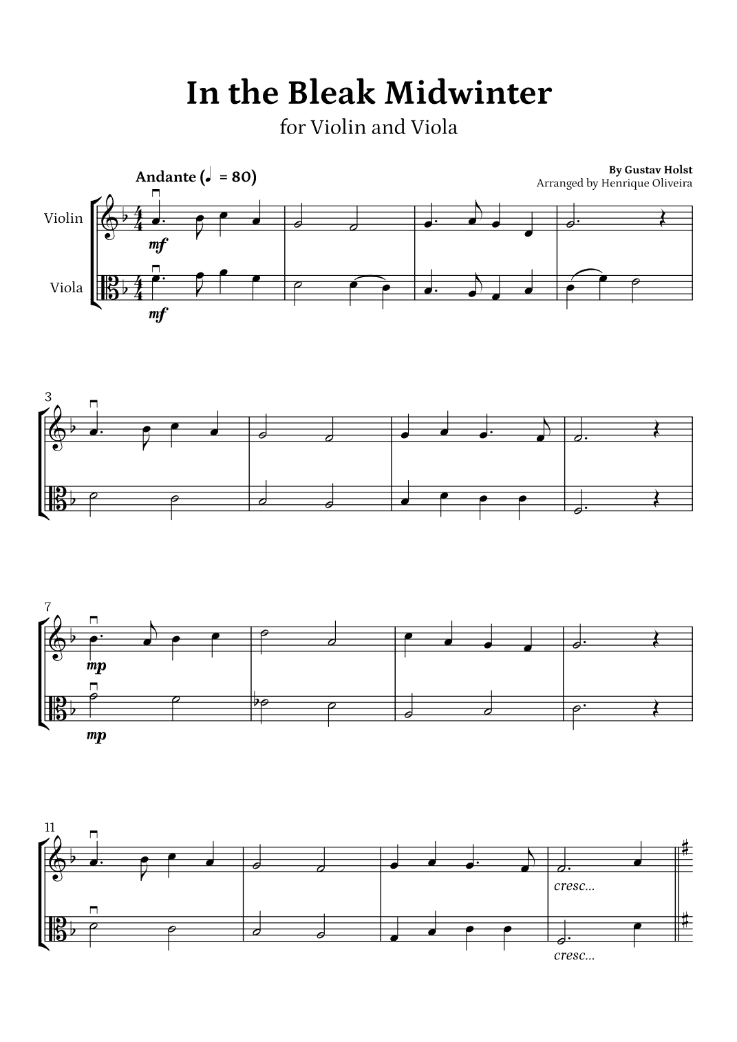 In the Bleak Midwinter (Violin and Viola) - Beginner Level (arr. Henrique Oliveira)