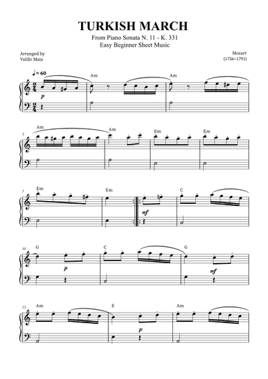 Turkish March - Easy Beginner (with chords) (arr. Valdir Maia)