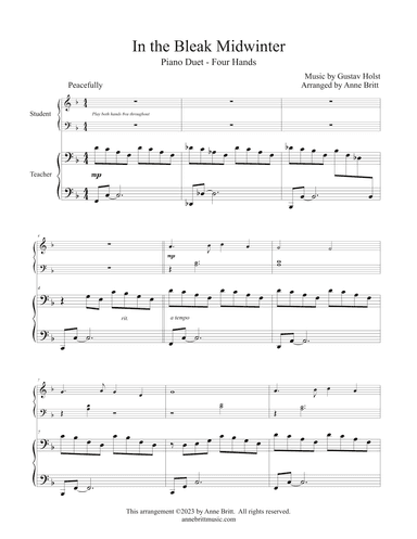 In the Bleak Midwinter (late elementary student/teacher piano duet) (arr. Anne Britt)
